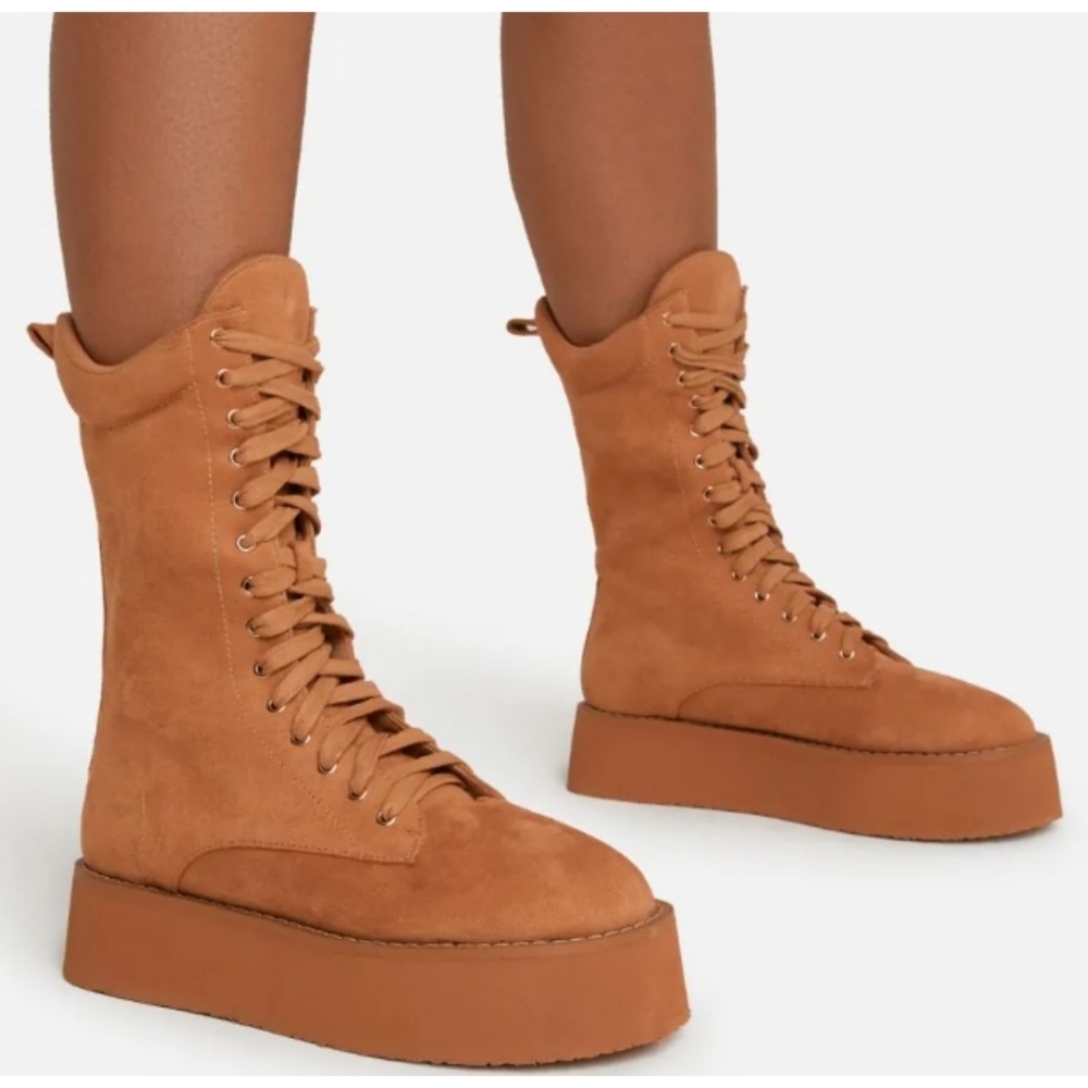 NEW - Ego Tan Lace Up Flatform Suede Boots - Picture 9 of 9